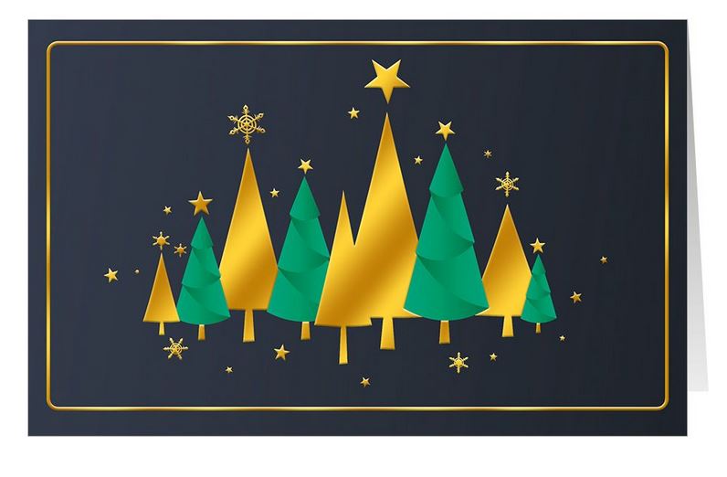 Festliche Folienprägekarte mit goldenen und grünen Weihnachtsbäumen und Sternen