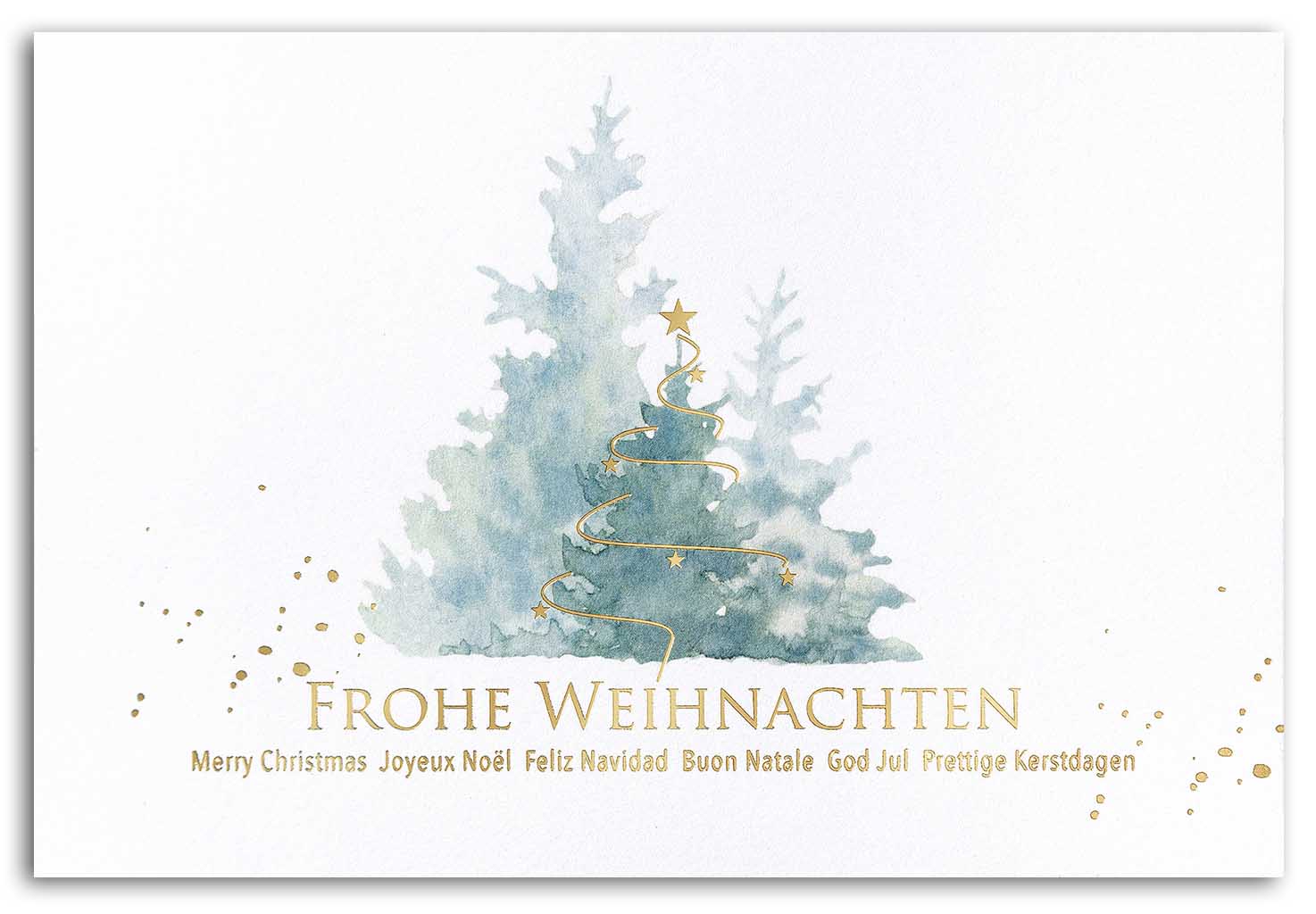 Weiße Weihnachtsgrußkarte mit internationalen Grüßen in gold und mintgrünem Farbdruck