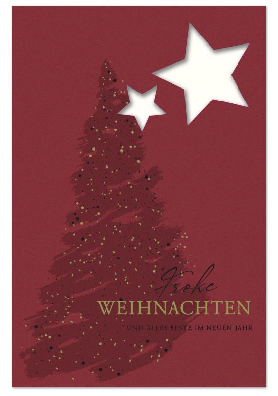 Rote Weihnachtskarte mit gelaserten Sternen, Weihnachtsbaum und Gruß, inkl. Einlegeblatt