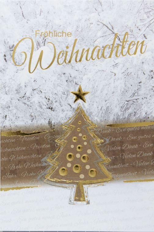 Rustikaler Weihnachtsgruß aus 100% Altpapier mit "Fröhliche Weihnachten" und Weihnachtsbaum