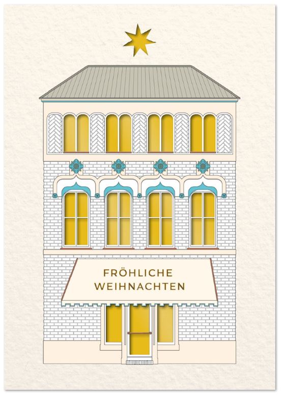 Cremeweiße Weihnachtskarte mit Stanzung und goldenem Gruß "Fröhliche Weihnachten" sowie Einlegeblatt in gold