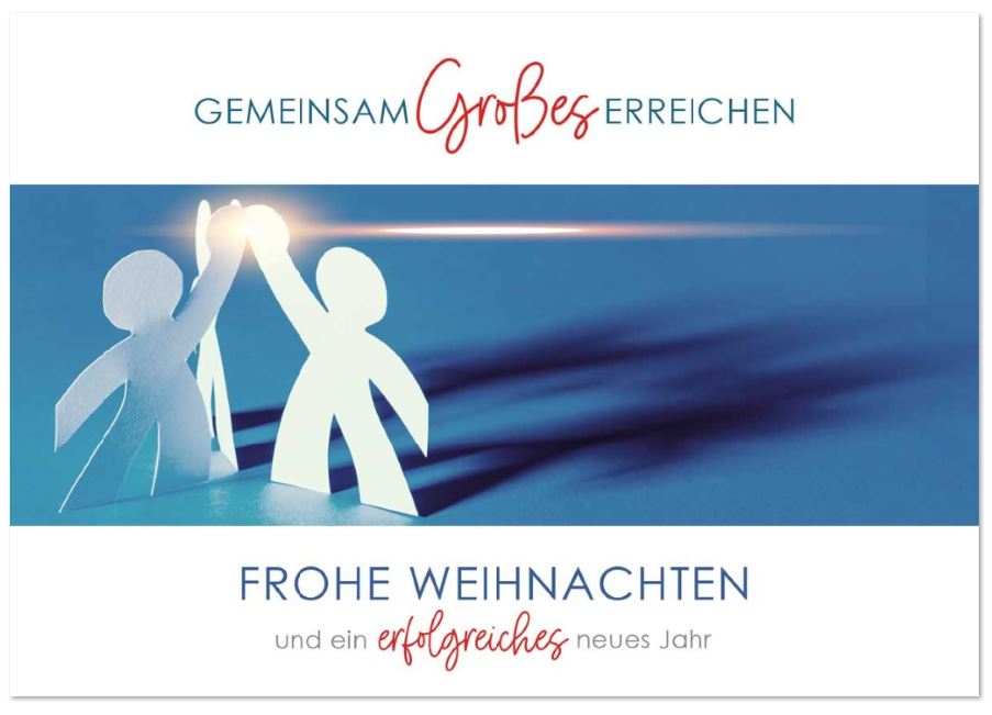 Business-Weihnachtskarte "Gemeinsam Großes Erreichen" mit Figuren als erfolgreiches Team inkl. Weihnachtsgruß