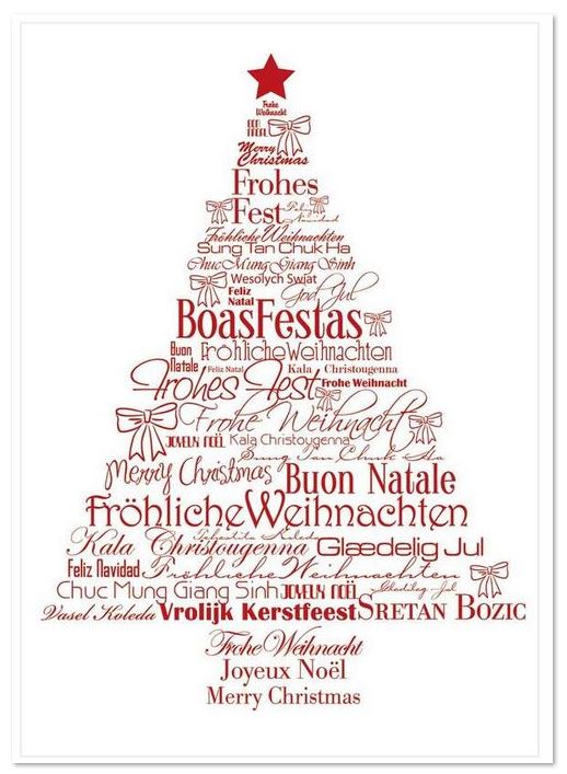 Internationale Weihnachtskarte in weiß mit typographischem Weihnachtsbaum und rotem Stern