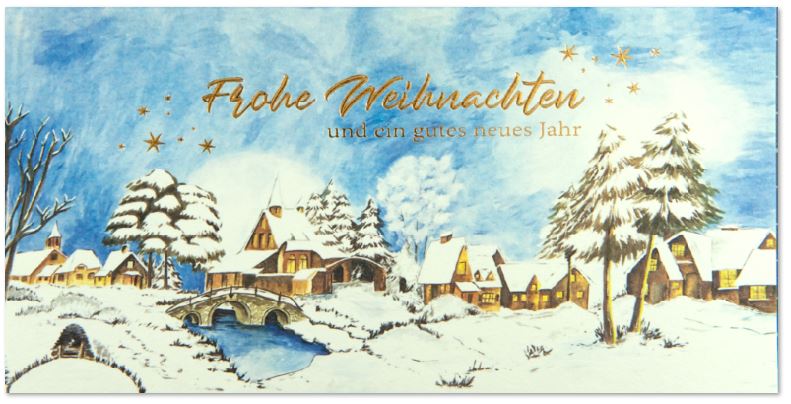 Winter-Weihnachtskarte im DIN lang Format mit Goldfolienprägung und verschneitem Dorf