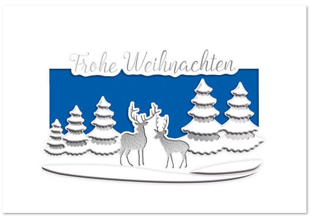 Weiße Weihnachtskarte mit blauem Falteinlegeblatt innen und edler Silberfolienprägung