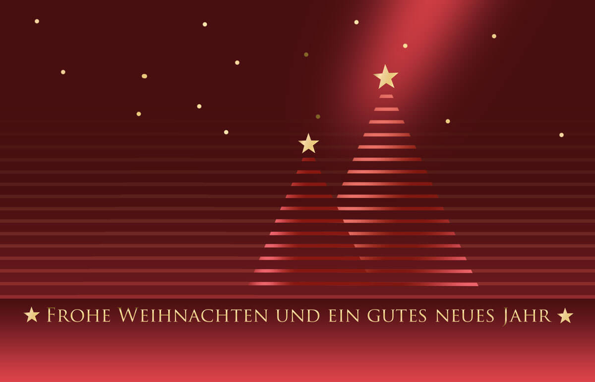 Rote Weihnachtskarte mit Bäumen, Sternen und Weihnachtsgruß in gold