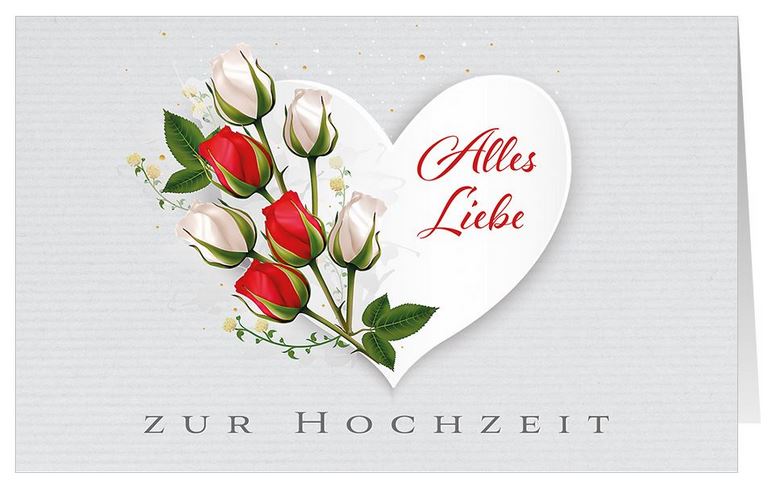 Romantische Glückwunschkarte zur Hochzeit mit roten und weißen Rosen im Herz und Alles Liebe