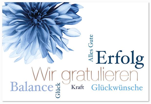 Glückwunschkarte mit blauer Blüte und Glückwunschen in blau und kupfer