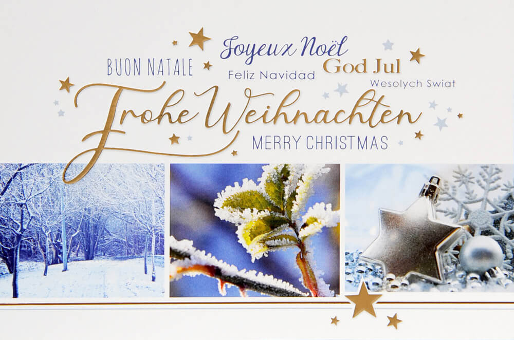 Winterliche Weihnachtskarte mit mehrsprachigen Grüßen und weihnachtlich-winterlichen Bildern