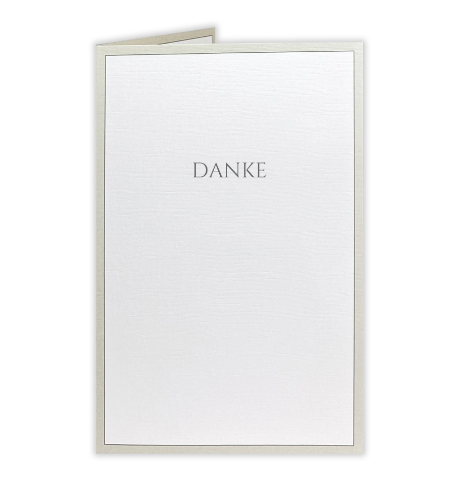 Trauer-Dankkarte mit 2-farbigem, grauem Trauerrahmen und "DANKE" Schriftzug