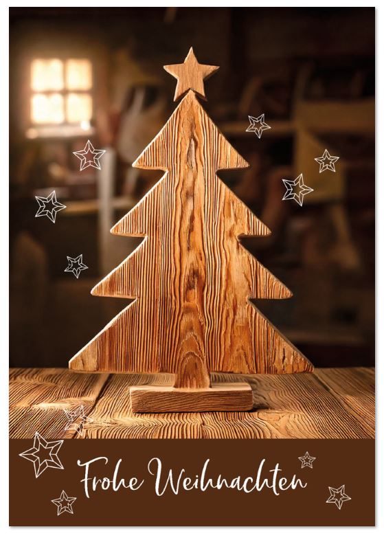 Rustikale Weihnachtskarte mit Holz-Weihnachtsbaum und Weihnachtsgruß, gut geeignet für Schreinerei und Zimmerei