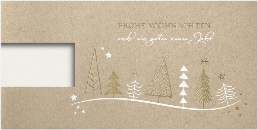 Logo-Weihnachtskarte für Firmen mit Fensterstanzung, DIN lang aus braunem Naturkarton mit Goldfoliendruck