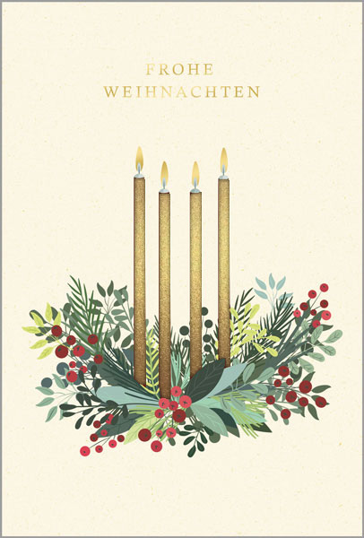 Weihnachtskarte mit Kerzen im floralen Gesteck, Weihnachtsgruß und Laserstanzung, Einleger gold