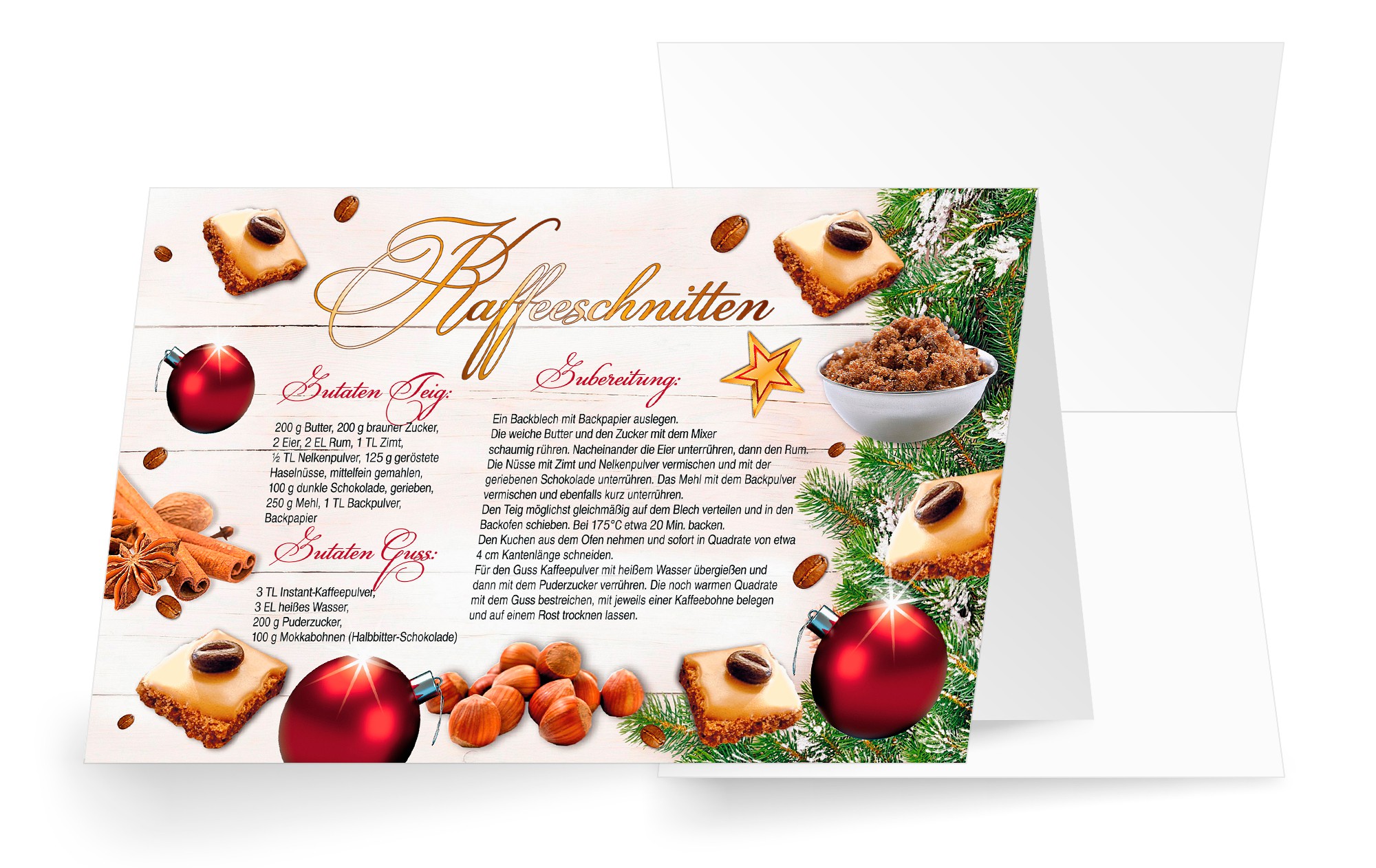 Weihnachtliche Rezeptkarte für Kaffeeschnitten und der Zutatenliste