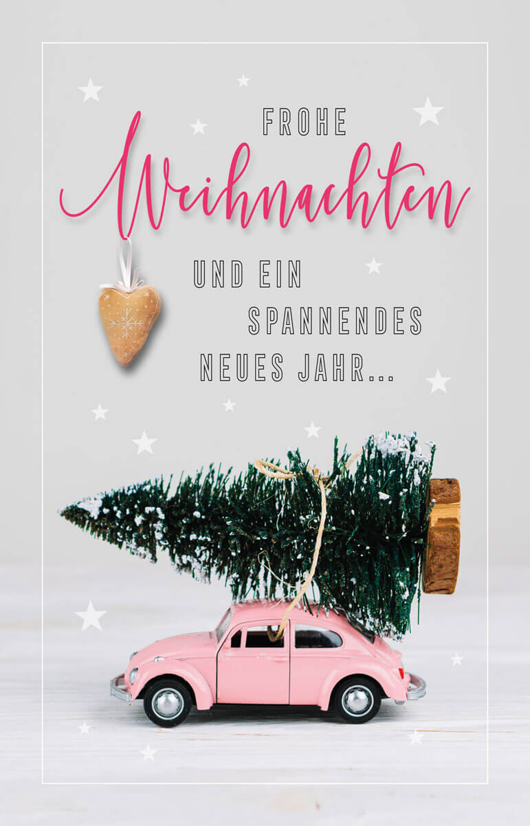 Witzige Weihnachtsgrußkarte mit rosafarbenem VW-Käfer und Weihnachtsbaum auf dem Dach