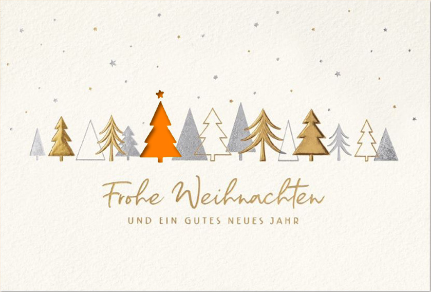 Weiße Weihnachtskarte mit Folienprägung gold und silber, Stanzung Baum und Einleger in orange