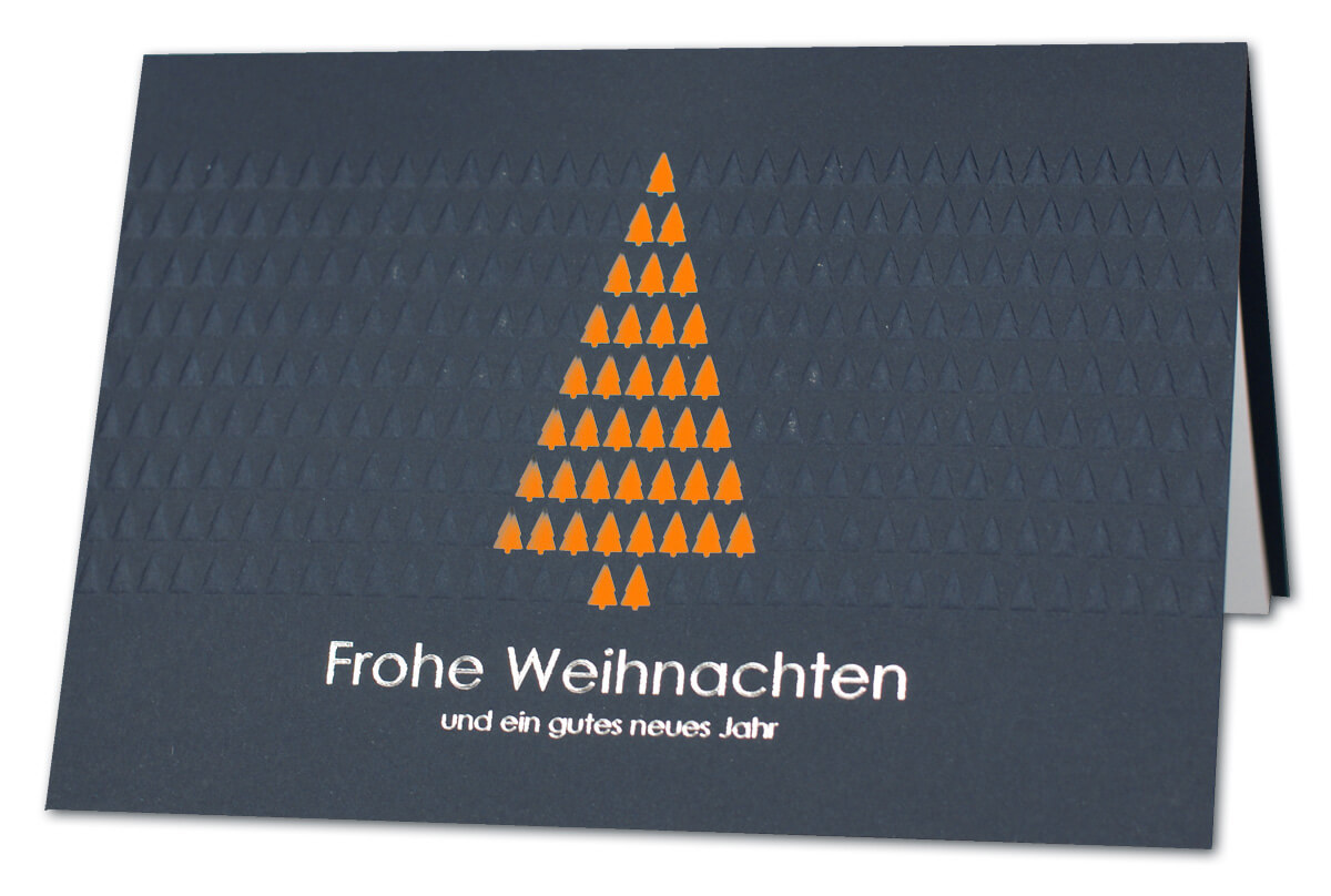 Dunkelblaue Weihnachtskarte mit Stanzung und Silberprägung,  Einleger orange