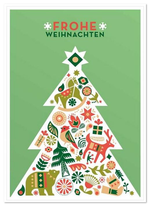 Grüne Weihnachtskarte im romantischen Folklore-Stil mit "Frohe Weihnachten" und detailreichem Baum