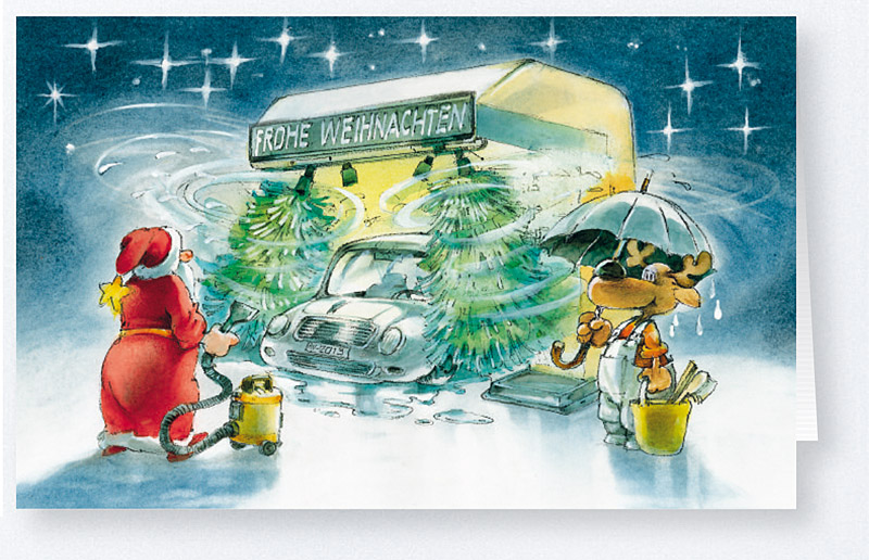 Lustige Weihnachtskarte mit Auto in Waschanlage und Gruß "Frohe Weihnachten"