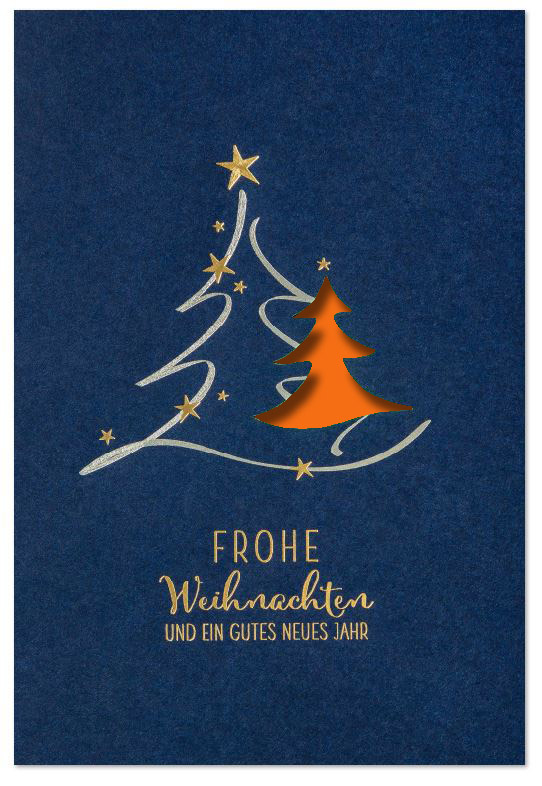 Blaue Laser-Weihnachtskarte mit Folienprägung, gestanztem Baum und Einleger in orange