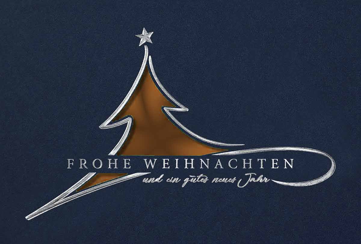 Stanz-Weihnachtskarte in blau mit kupferfarbenem Einleger und edler Silberfolienprägung