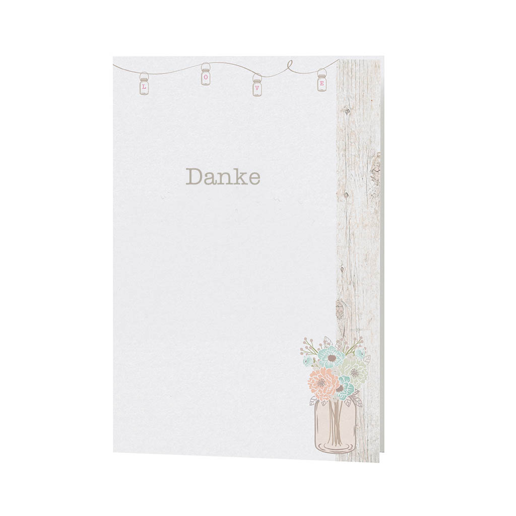 Dankkarte im Vintage-Look mit Blumen in pastell und Holzbohlenaufdruck