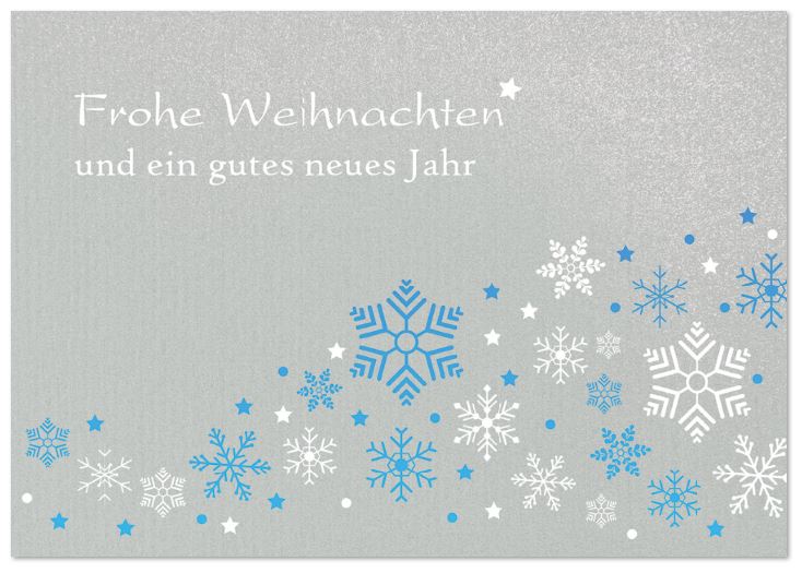 Silbergraue Weihnachtskarte mit Schneeflocken, Sternen und Weihnachtsgruß, inkl. Einleger