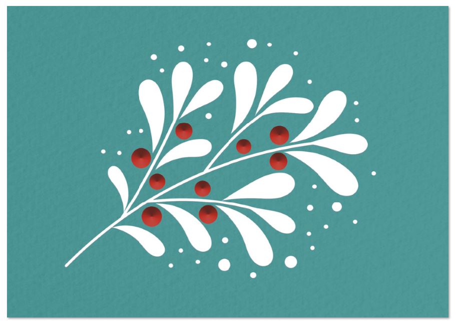 Florale Weihnachtskarte in grün mit einem Winterbeerenstrauch mit roten Beeren und Spende für Deutsche Kinderkrebsstiftung
