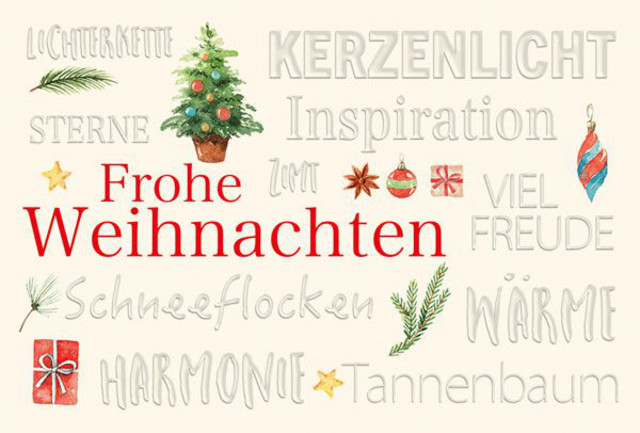 Cremeweiße Weihnachtskarte mit bunten Weihnachtsmotiven und Schlagwörtern in Blindprägung