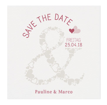 Save-the-Date-Karte creme metallic mit &-Zeichen aus Herzen