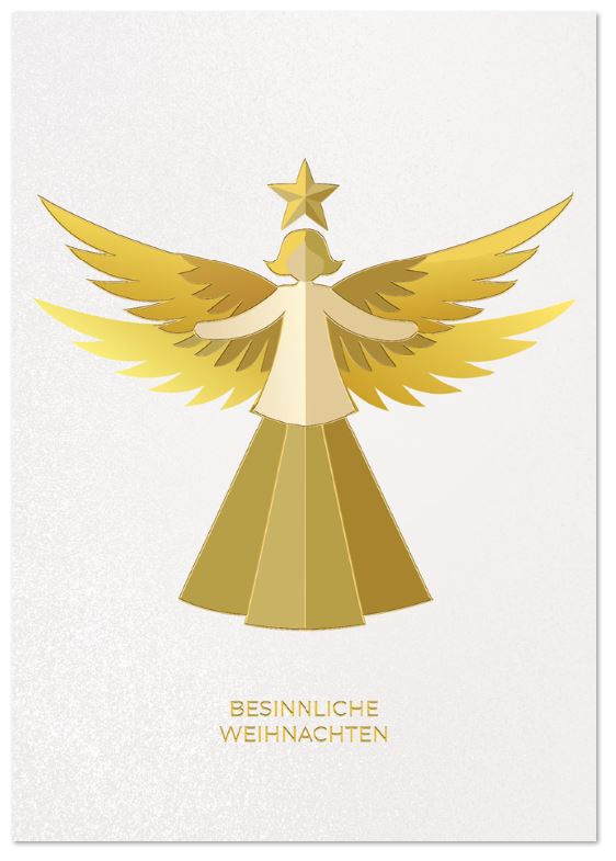 Weiße Weihnachtskarte mit goldenem Engel und Gruß "Besinnliche Weihnachten"