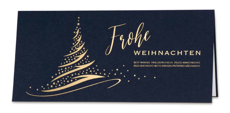 Nachtblaue Weihnachtskarte im DIN lang Format, mit Goldfolienprägung stilisierter Weihnachtsbaum und der Schriftzug "Frohe Weihnachten" in verschiedenen Sprachen