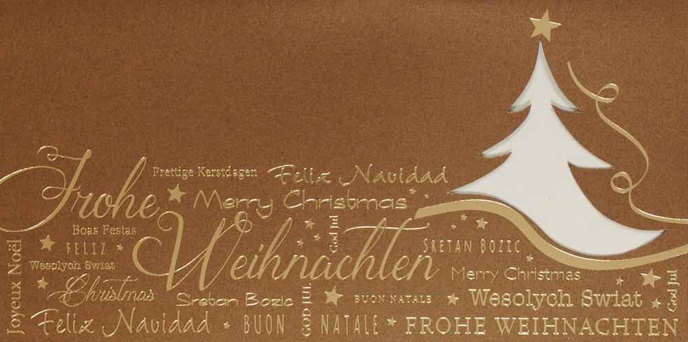 Weihnachtskarte im DIN lang Format mit Goldfolienprägung, Formstanzung und internationalen Grüßen