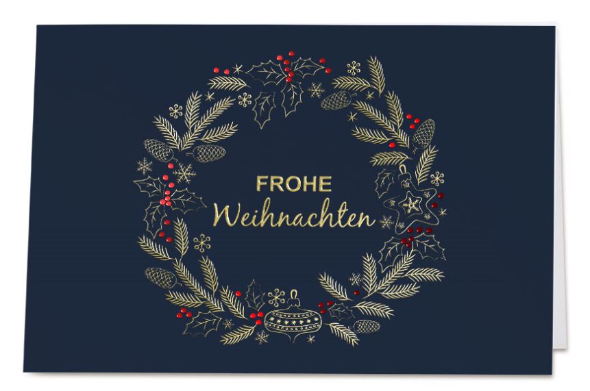 Weihnachtliche Grußkarte mit gold-rotem Weihnachtskranz auf blauem Hintergrund und Gruß