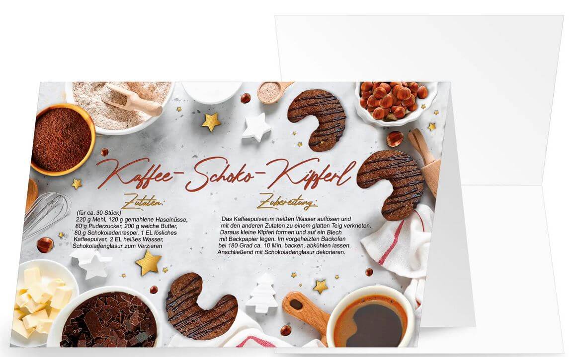 Weihnachtliche Rezeptkarte für leckere Kaffee-Schoko-Kipferl mit Rezeptanleitung und Zutaten