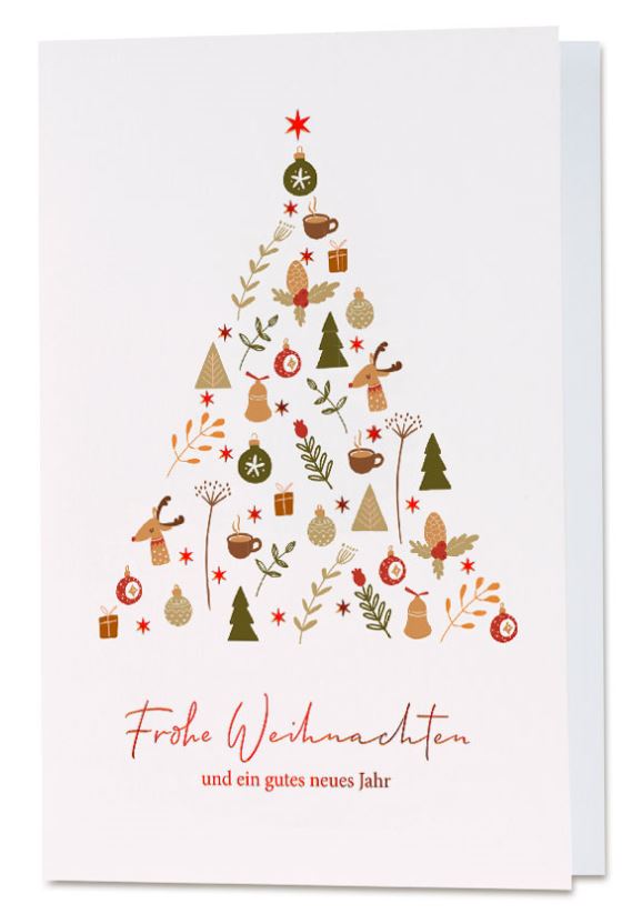 Weiße Weihnachtskarte im traditionellen Stil mit weihnachtlichen und floralen Motiven