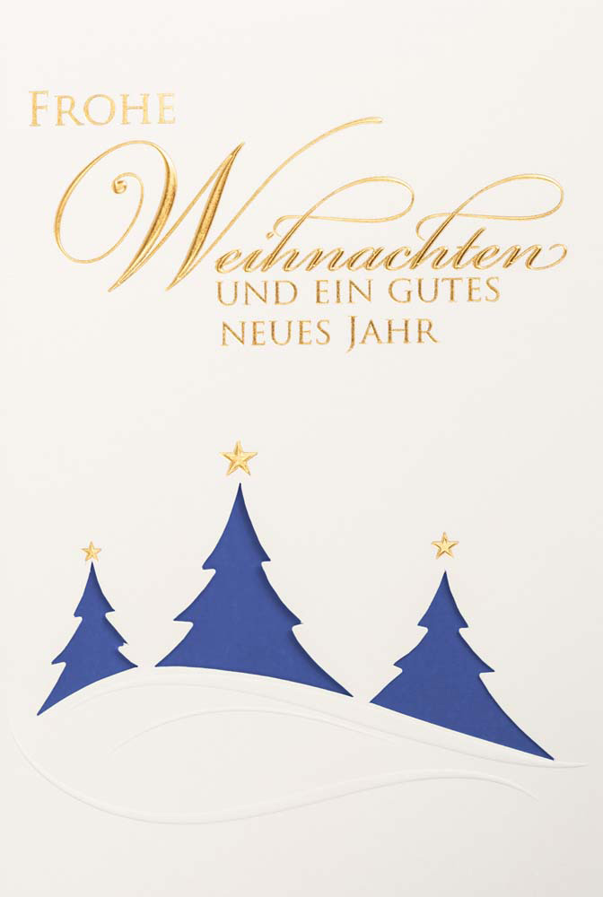 Weiße Weihnachtskarte mit Goldfolienprägung Weihnachtsgruß und blauem Einlegeblatt