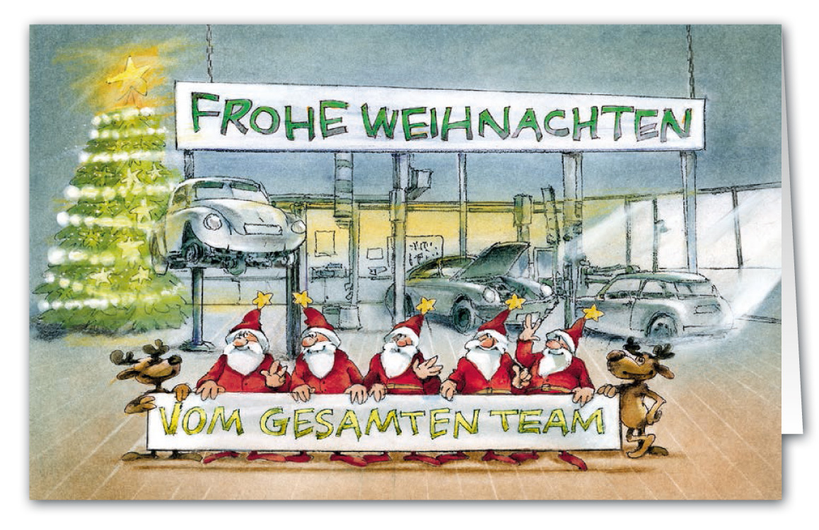 Weihnachtskarte als Branchenkarte für Autohaus oder KFZ-Werkstatt mit Grüßen vom Team