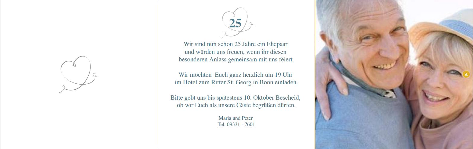 Gestaltungsvorschlag mit Mustertet für den Innenseitendruck von Einladung zur silbernen Hochzeit