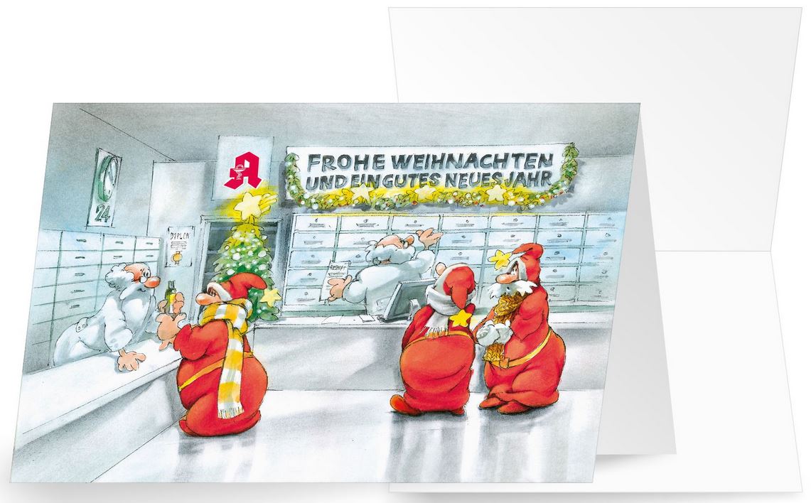 Humorvolle Branchenweihnachtskarte für Apotheken und Arzneimittelverkauf mit Weihnachtsgruß