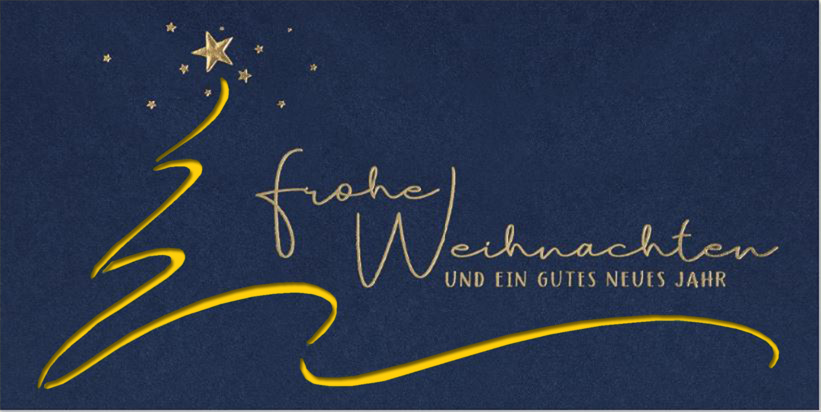 Moderne Weihnachtskarte in blau mit Laserstanzung und Einlegeblatt in gelb