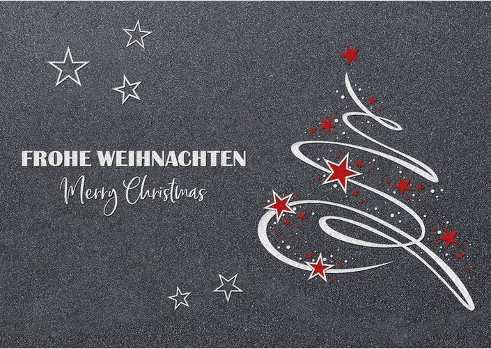 Festliche Weihnachtskarte in dunkelgrau mit deutsch-englischem Weihnachtsgruß, Baum und Sternen