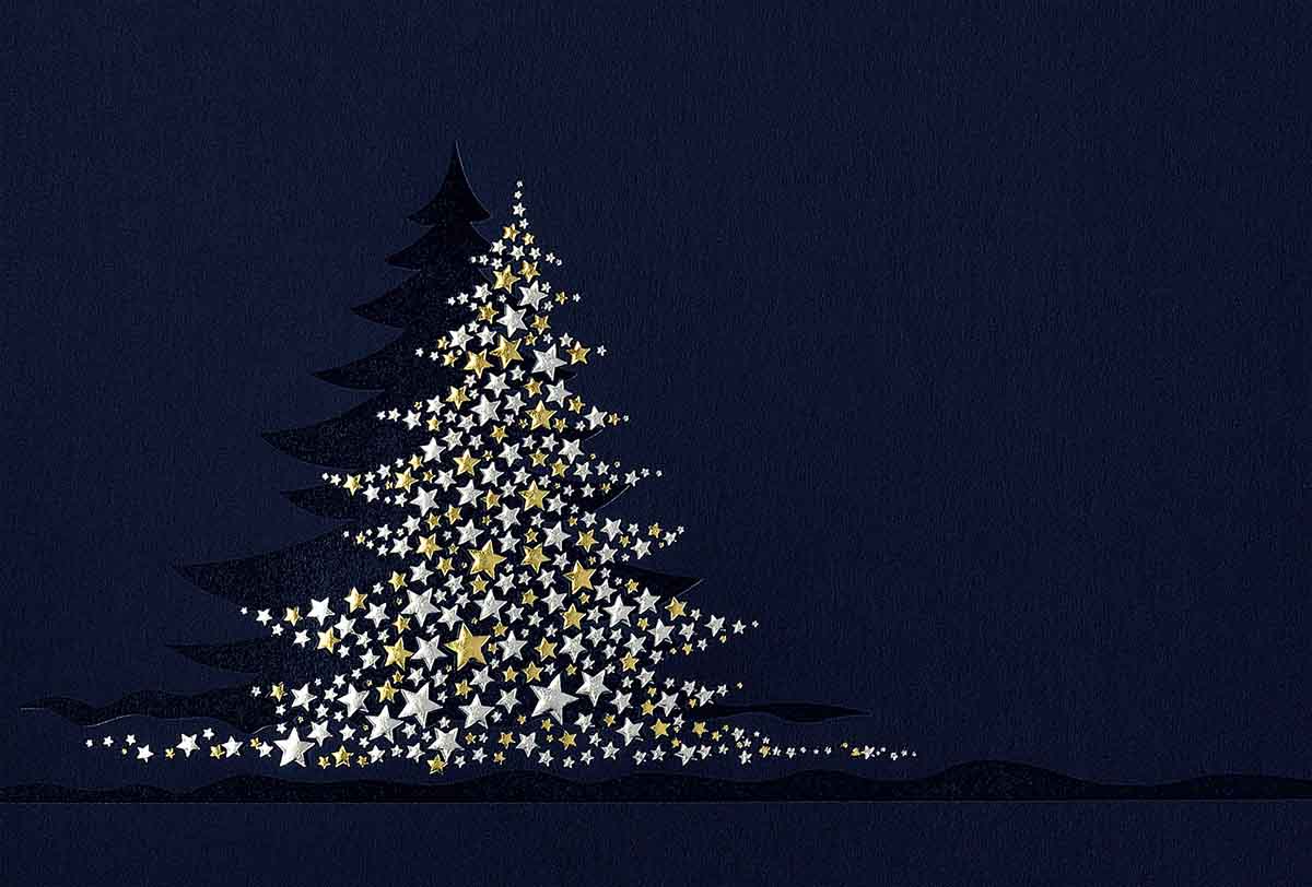 Blaue Weihnachtskarte mit Einlegeblatt innen und silber-goldenem Weihnachtsbaum aus Sternen