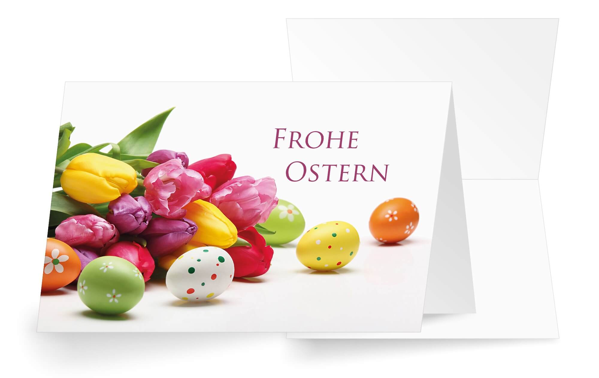 Bunte Ostergrußkarte "Osterfreude" mit einem Strauß Tulpen und bunten Eiern