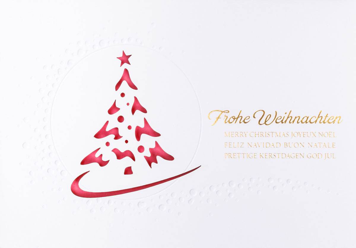 Weiße Laser-Weihnachtskarte mit goldener Folienprägung, Blindprägung und pinkfarbenem Einlegeblatt