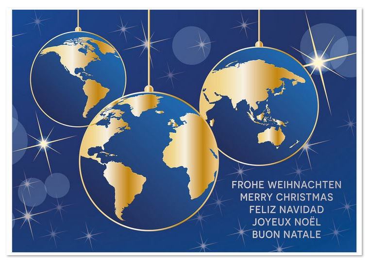 Blaue Weihnachtskarte mit Foliendruck in gold und silber sowie internationalen Weihnachtsgrüßen