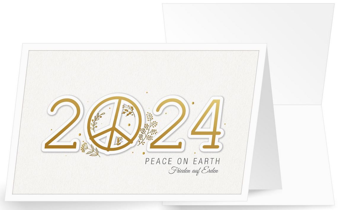 Weiße Neujahrskarte mit Jahreszahl 2024 und Friedensbotschaft "Peace on Earth"