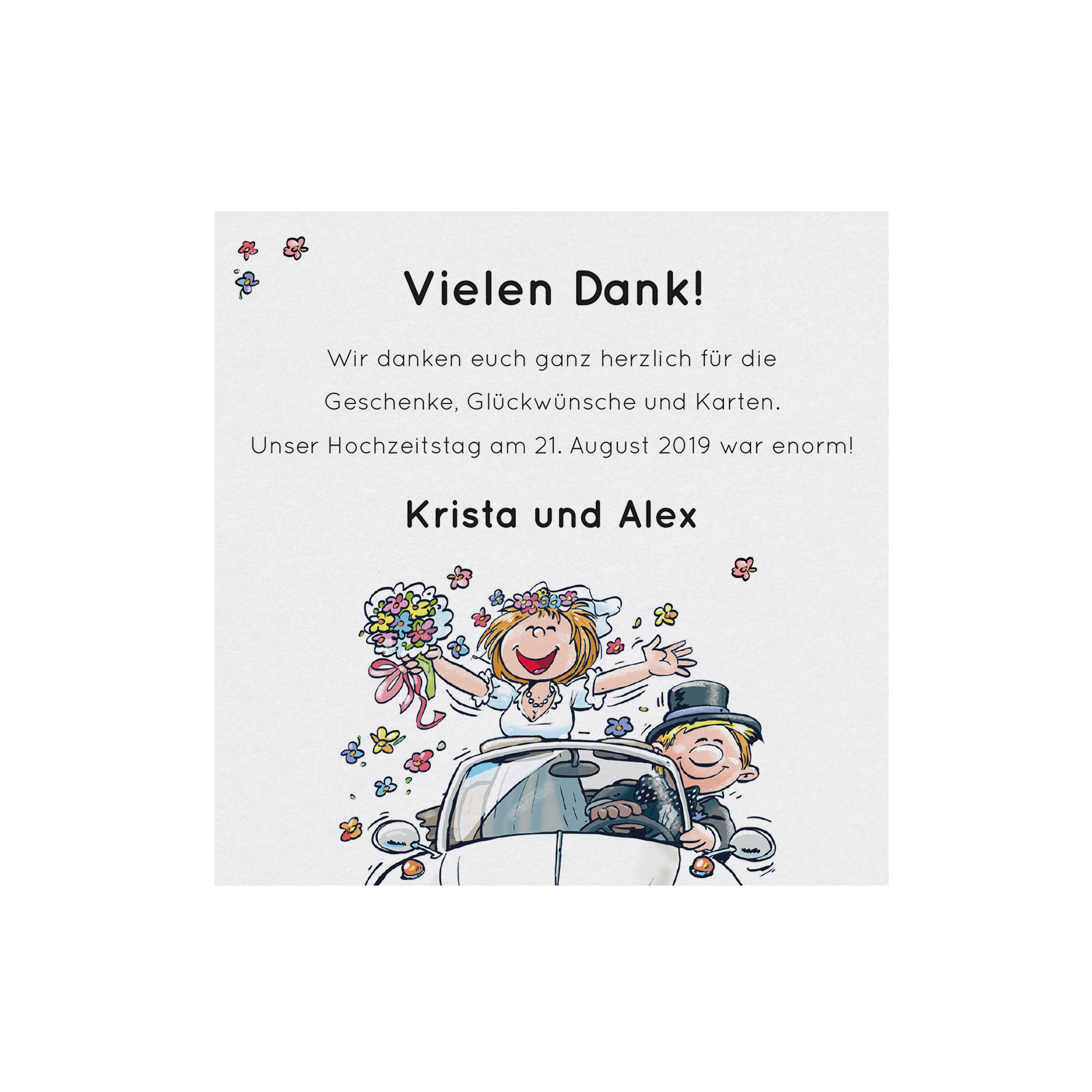 Humorvolle Comic Dankkarte oder Save the Date Karte mit Karikatur eines fröhlichem Brautpaar im VW-Käfer Cabrio