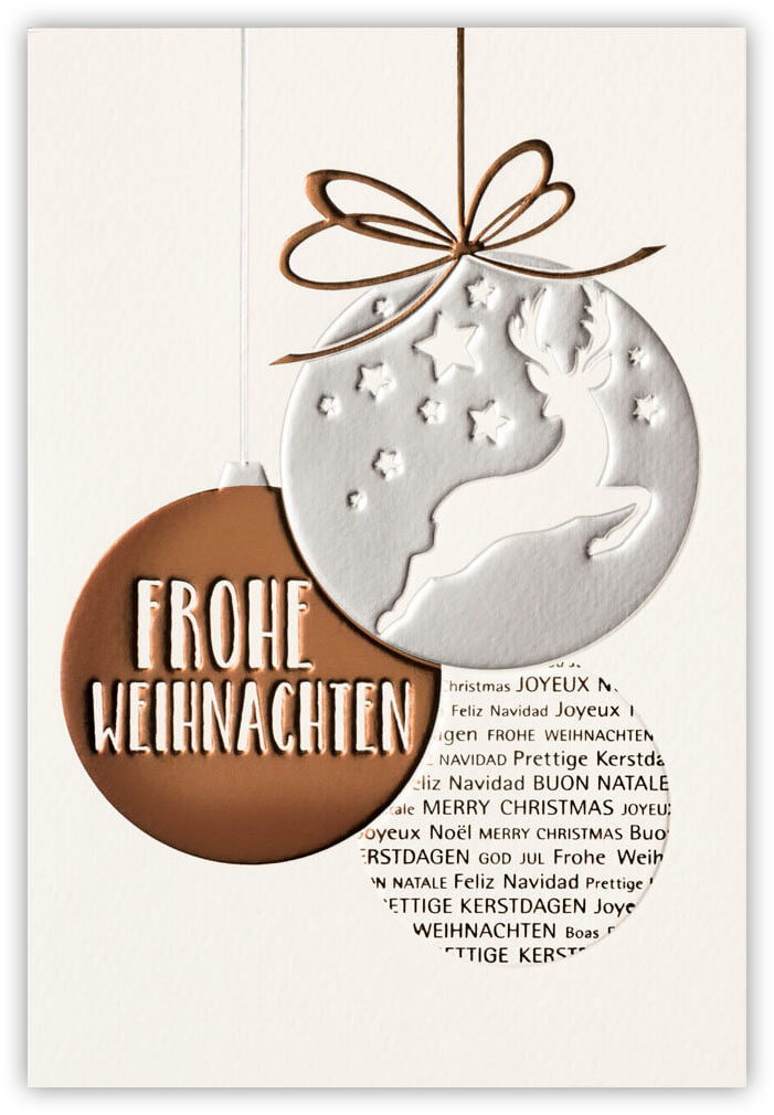 Weihnachtskarte creme mit Relief- und Folienprägung - Frohe Weihnachten mit Weihnachtskugeln