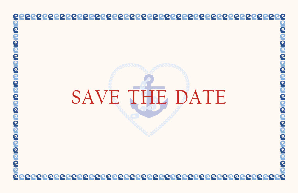 Maritime Save the Date Karte für die Hochzeitsankündigung, mit Anker Motiv, Kette im Herz und Wellenrand in blau.